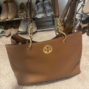 Women's Tory Burch Large Brown Leather Tote with Gold Accents